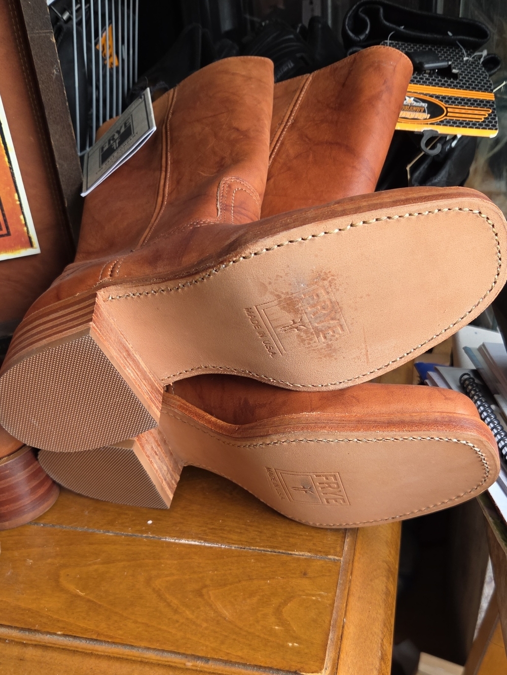 FRYE Tall Leather Pull-On Boots in Cognac Brown - Picture 6 of 8